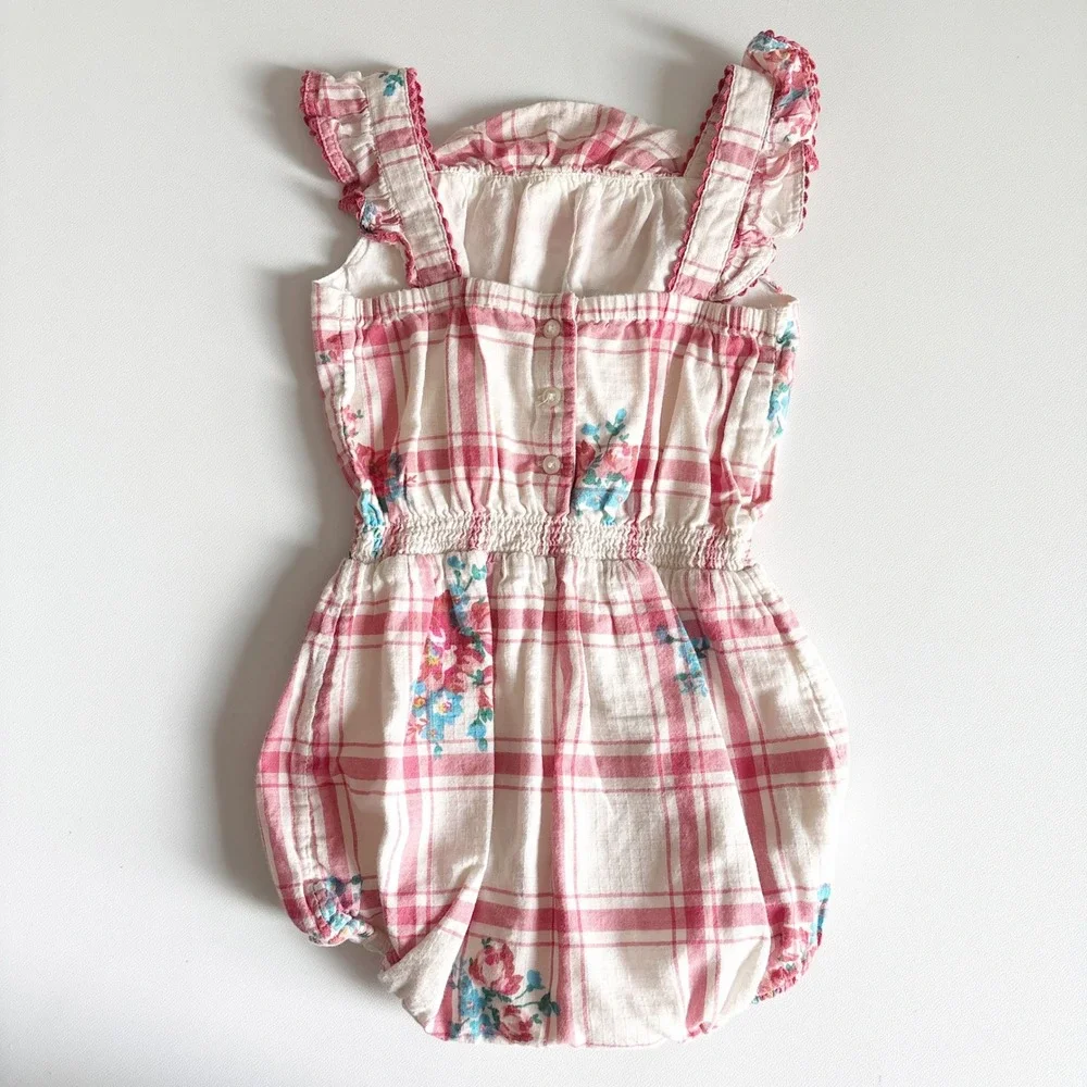 Ralph Lauren Baby Girls Pink Plaid Floral Cottagecore Bubble Romper Size 9M